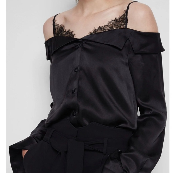 JONATHAN SIMKHAI Caylee Silk Lace Plisse Off Shoulder  Button Down Blouse Top - Picture 9 of 16